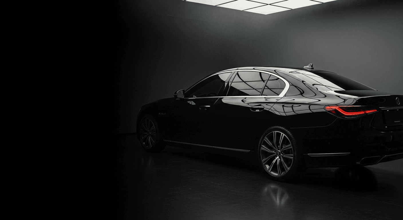 Luxury sedan with premium ceramic window tint in a dark detailing studio